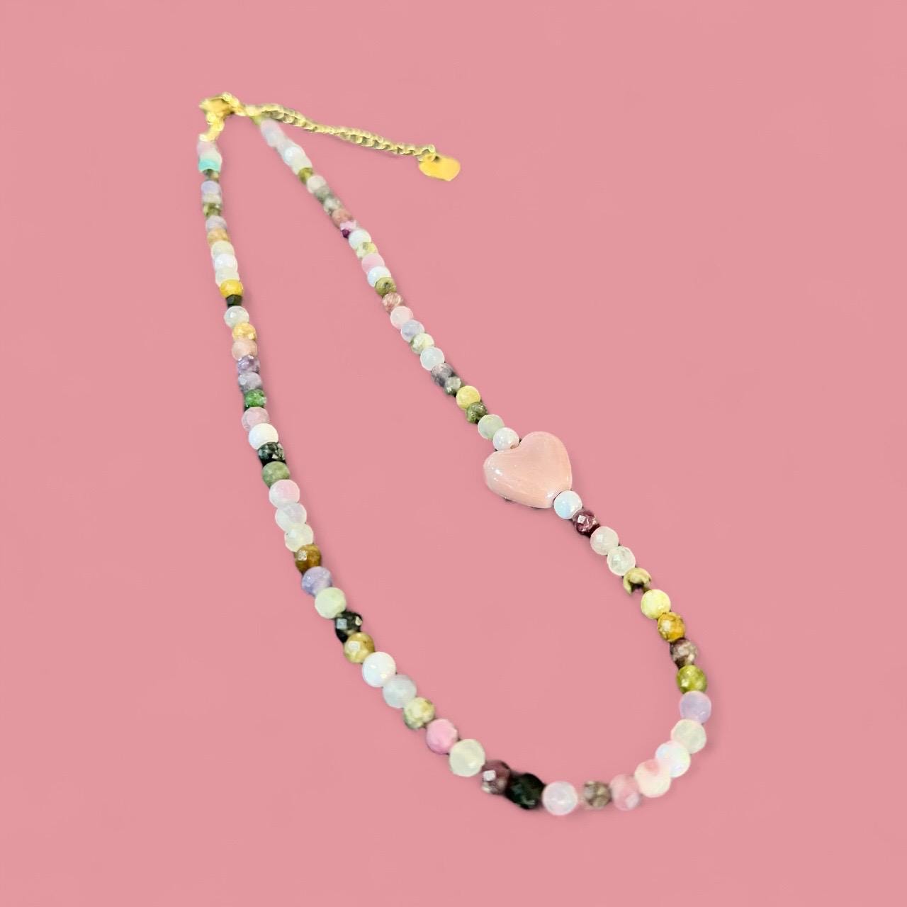 Tourmaline Beaded Necklace with Ceramic Heart | Handmade Gemstone Choker