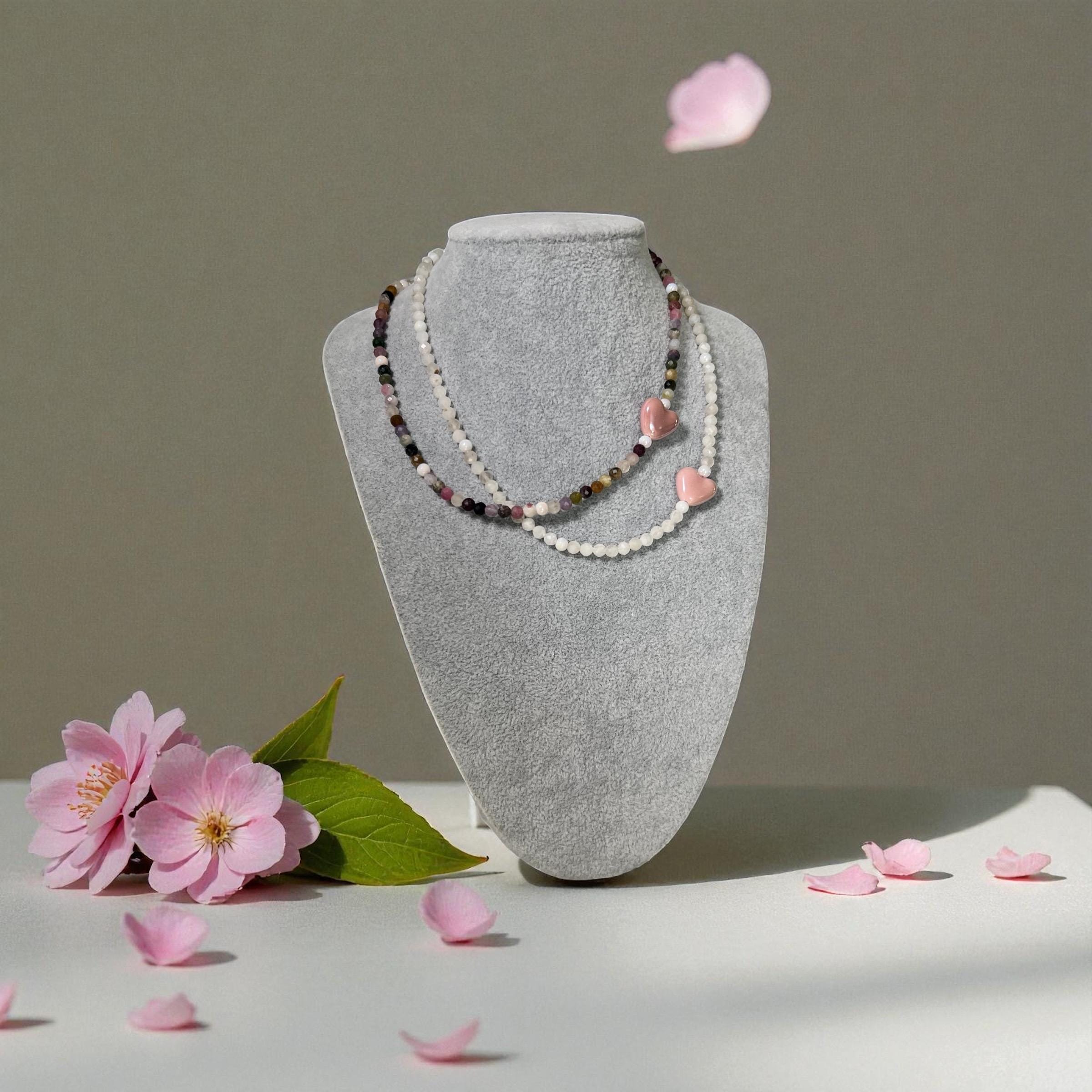 Tourmaline Beaded Necklace with Ceramic Heart | Handmade Gemstone Choker