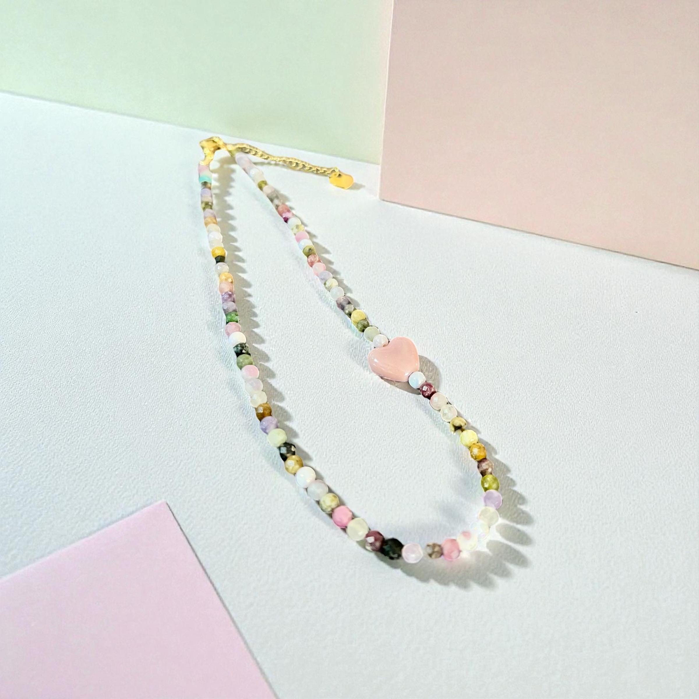 Tourmaline Beaded Necklace with Ceramic Heart | Handmade Gemstone Choker