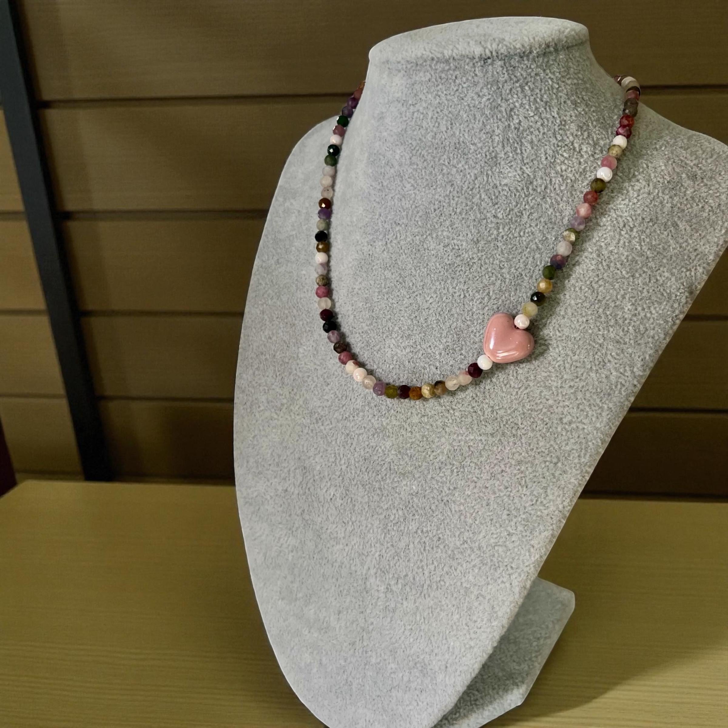 Tourmaline Beaded Necklace with Ceramic Heart | Handmade Gemstone Choker