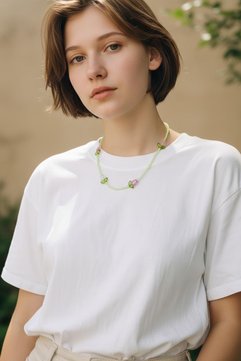 Glass Tulip Necklace – Dainty Flower Choker, Handmade Beaded Jewelry