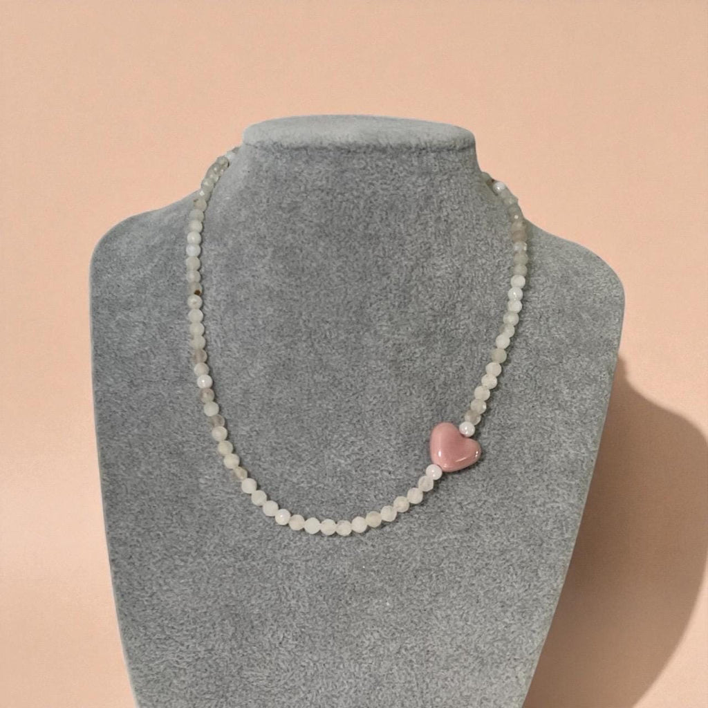 Tourmaline Beaded Necklace with Ceramic Heart | Handmade Gemstone Choker