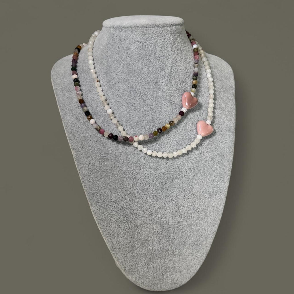 Tourmaline Beaded Necklace with Ceramic Heart | Handmade Gemstone Choker