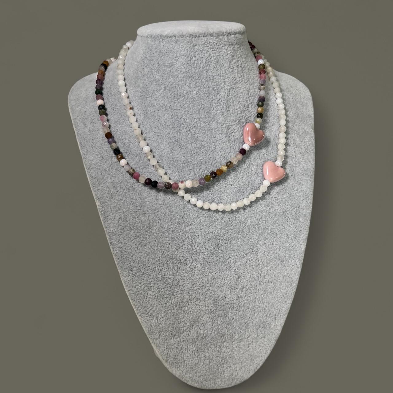 Tourmaline Beaded Necklace with Ceramic Heart | Handmade Gemstone Choker