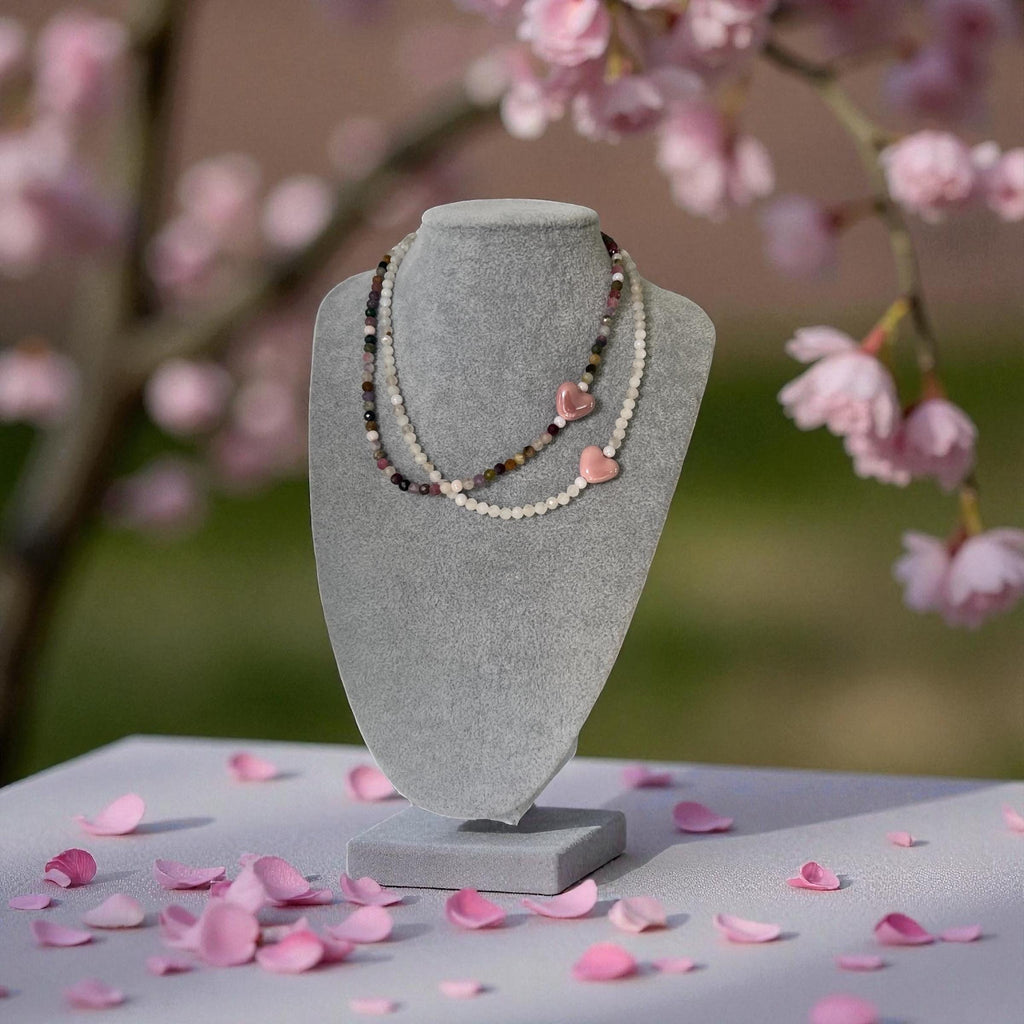 Tourmaline Beaded Necklace with Ceramic Heart | Handmade Gemstone Choker