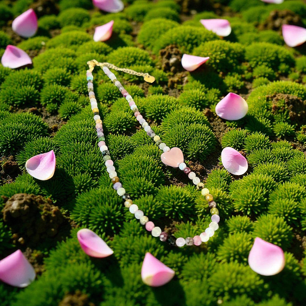 Tourmaline Beaded Necklace with Ceramic Heart | Handmade Gemstone Choker