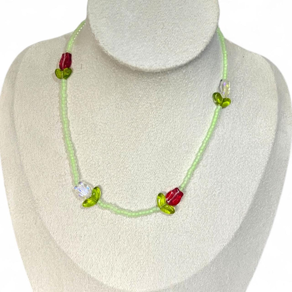 Glass Tulip Necklace – Dainty Flower Choker, Handmade Beaded Jewelry