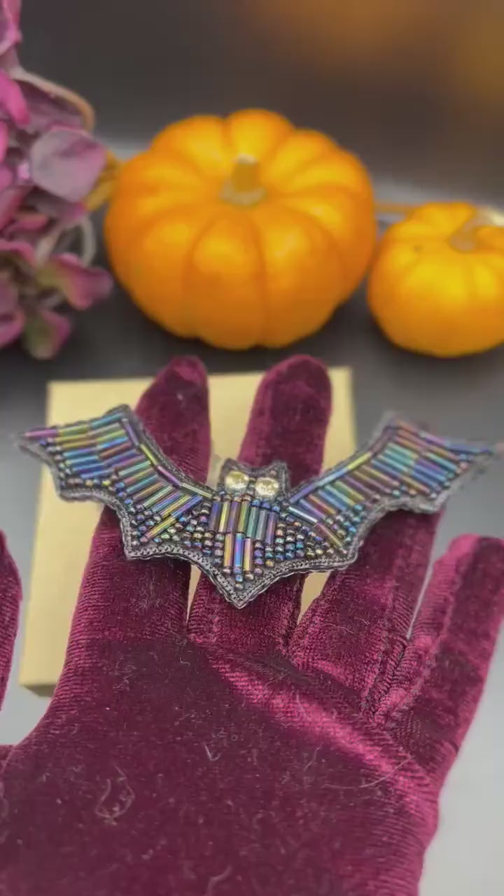 Crystal Bat Brooch: Handcrafted Beaded Halloween Pin