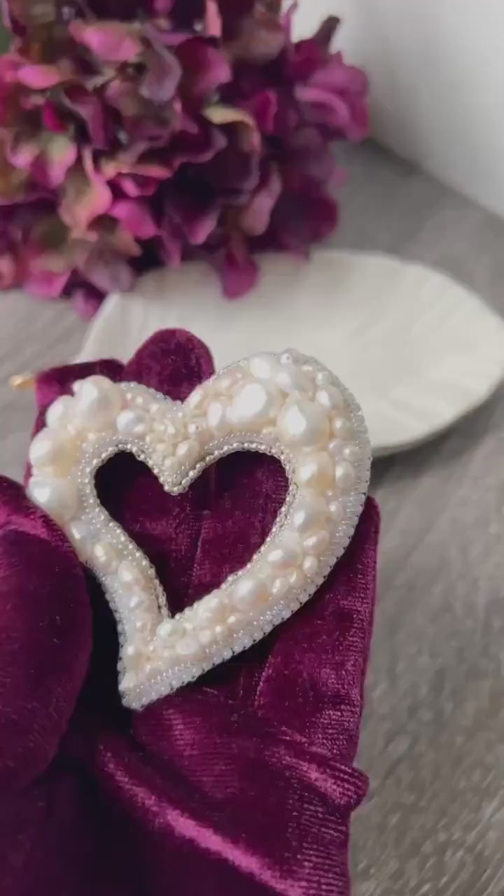 White Bliss: heart shaped freshwater pearl beads brooch/pin, pearl gift,