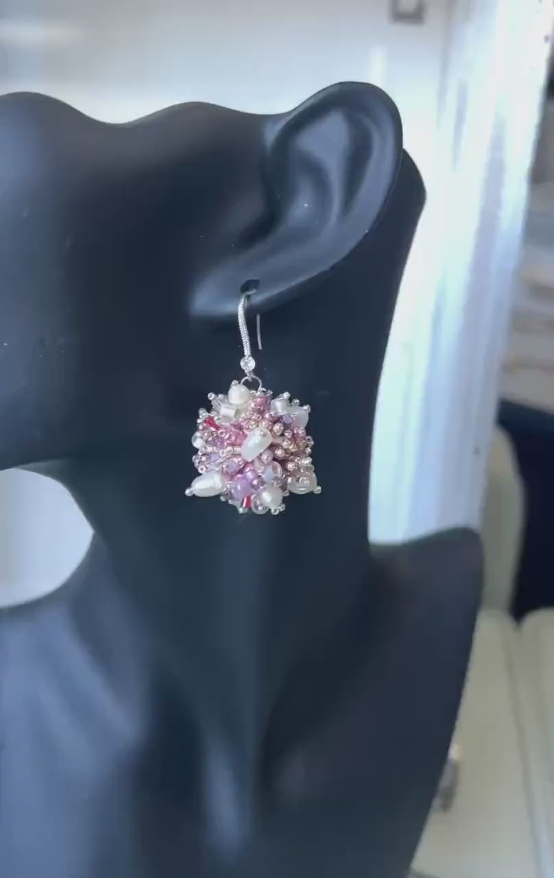 Blossom sphere earrings, Sphere beaded set, Pearl gift