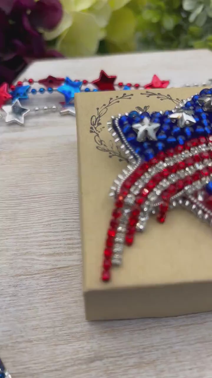 Patriotic Star Brooch, Rhinestone Fireworks Pin, Artisan Gift