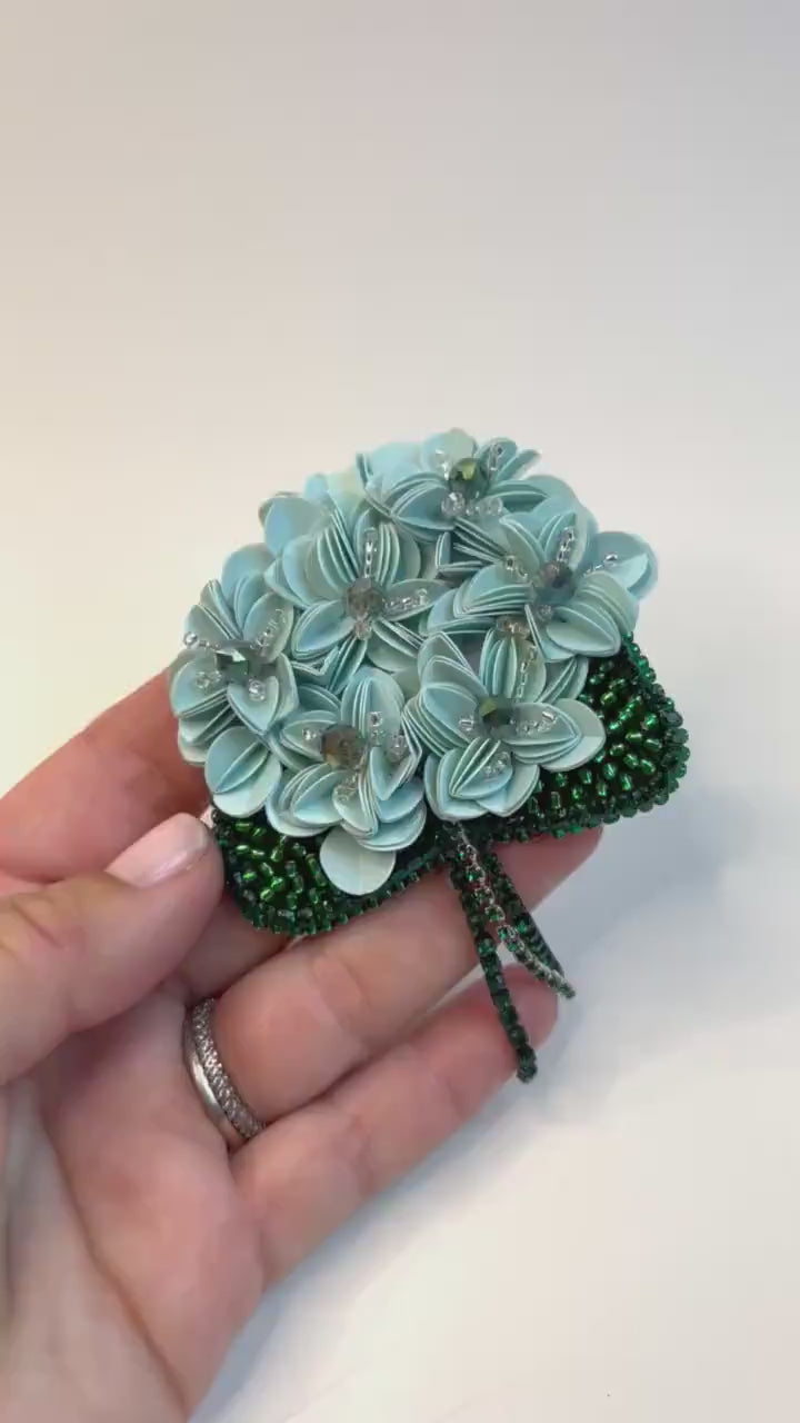 Handcrafted Hydrangea Brooch: Italian Sequins, Japanese Beads, Crystals