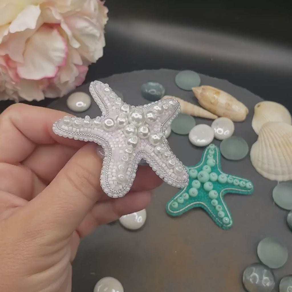 Handcrafted Starfish Brooch: Glass Pearls, Ocean Theme