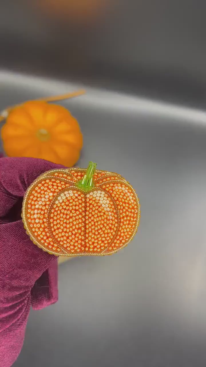 Handcrafted Glass Bead Pumpkin Brooch: Fall Pin Gift