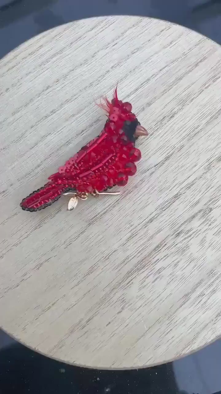 Red Cardinal Bird Pin – Handcrafted Beaded Brooch