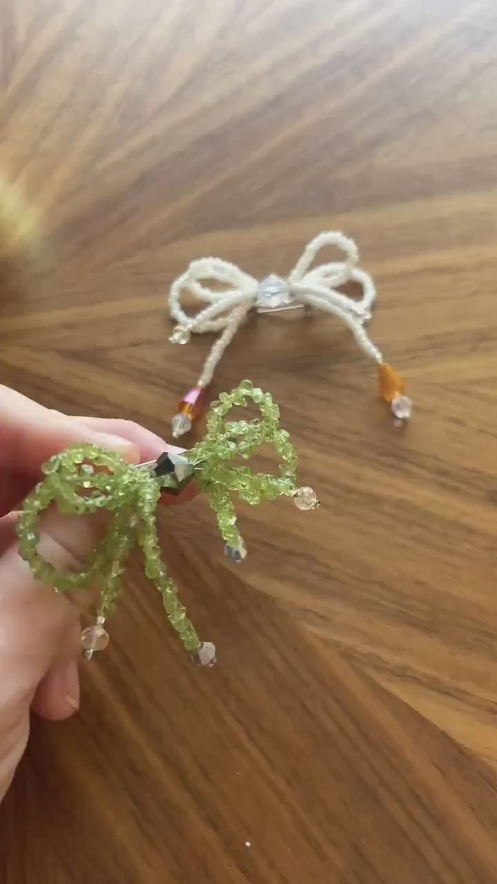 Handcrafted Double Bow Pin: Stone Chip Beaded Brooch