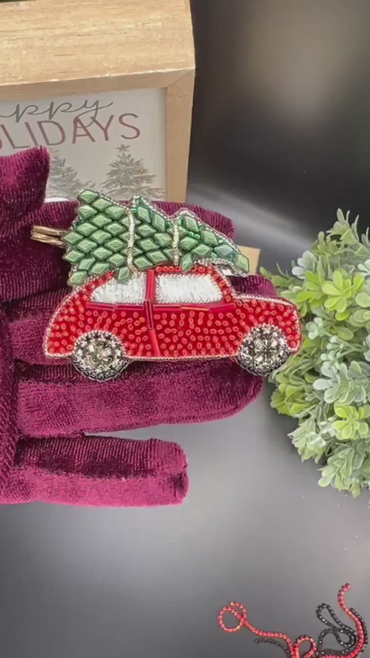 Beaded Christmas Brooch: Holiday Car, Tree, Bells, Snowman